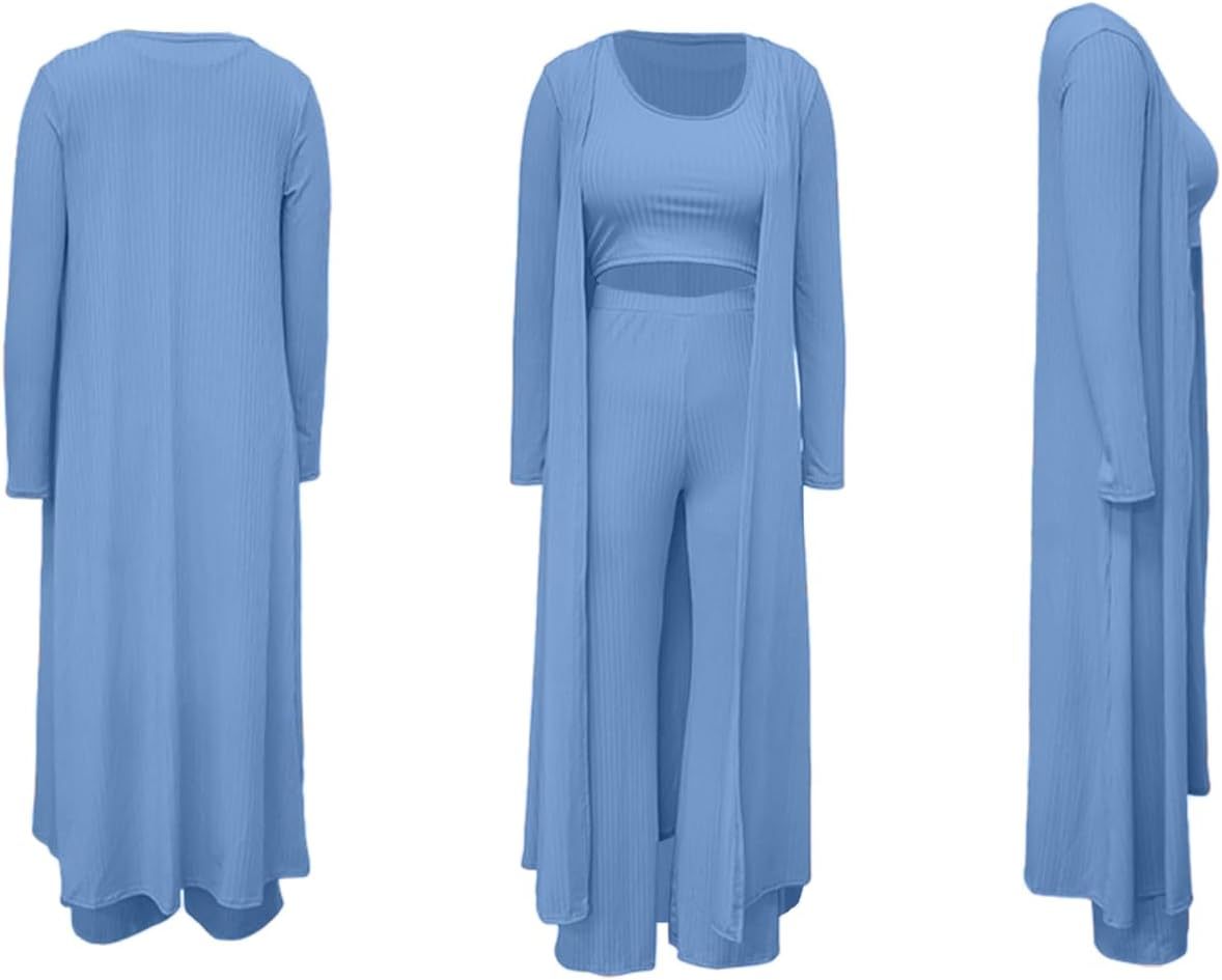 LKOUS 3 Piece Suit for Women's Solid Long Sleeve Open Front Long Coat and Crop Tank Top with Leggings Loungewear