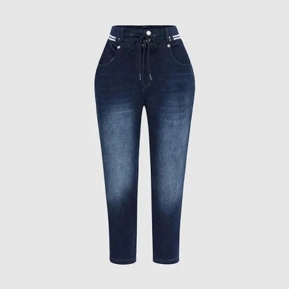 Wash Contrast Binding Double Button Drawstring Mid Waist High Stretch Fit Capri Jeans  Pant