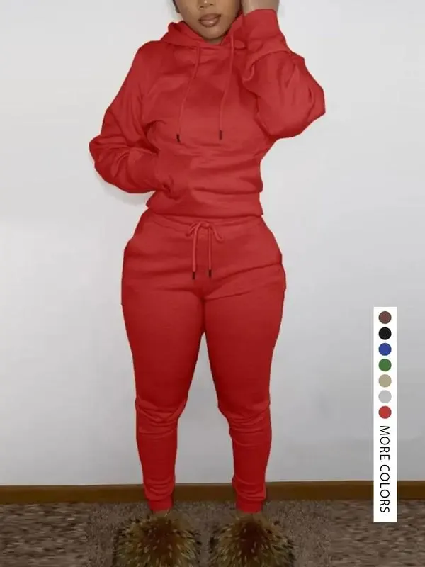 Casual Plain Drawstring Sweatshirt Outfit Set, Fitted Regular Length, Moderate Fabric, Fall & Winter Wear, Women's Clothing