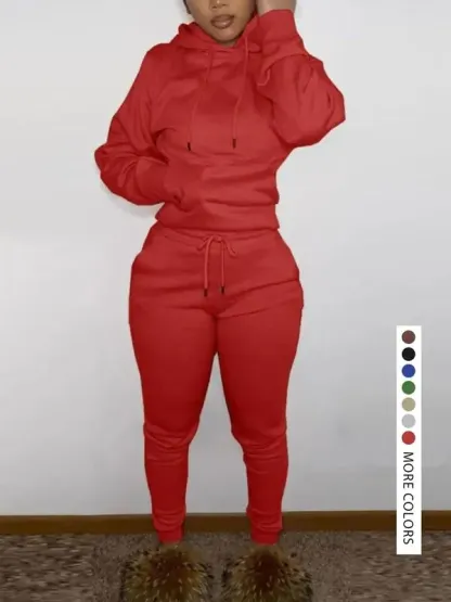 Casual Plain Drawstring Sweatshirt Outfit Set, Fitted Regular Length, Moderate Fabric, Fall & Winter Wear, Women's Clothing