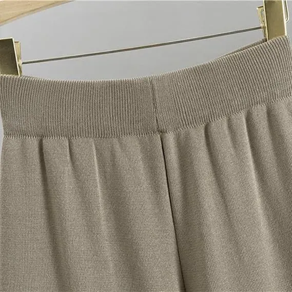 Three-Piece Set - Knit Turtleneck Tank & Wide Leg Pants With Long Cardigan