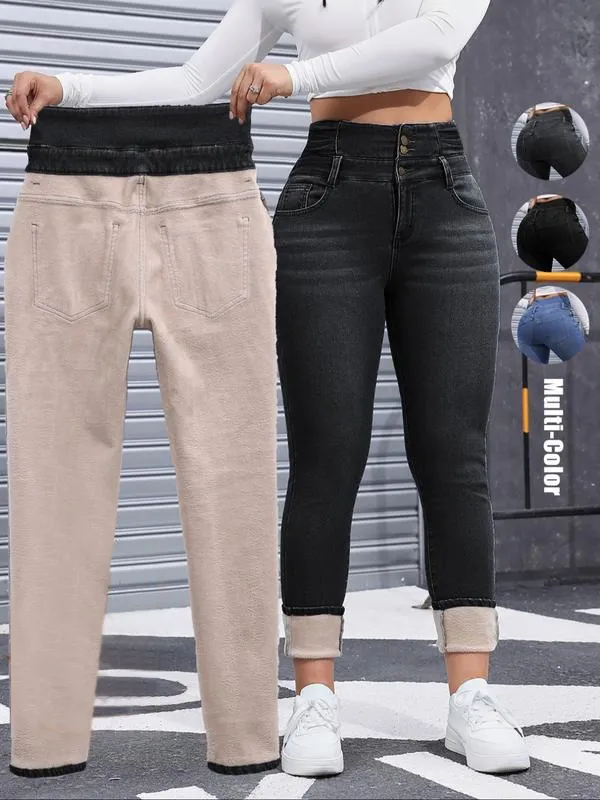 Women's High Elasticity Fleece Lined Thick Denim Jeans
