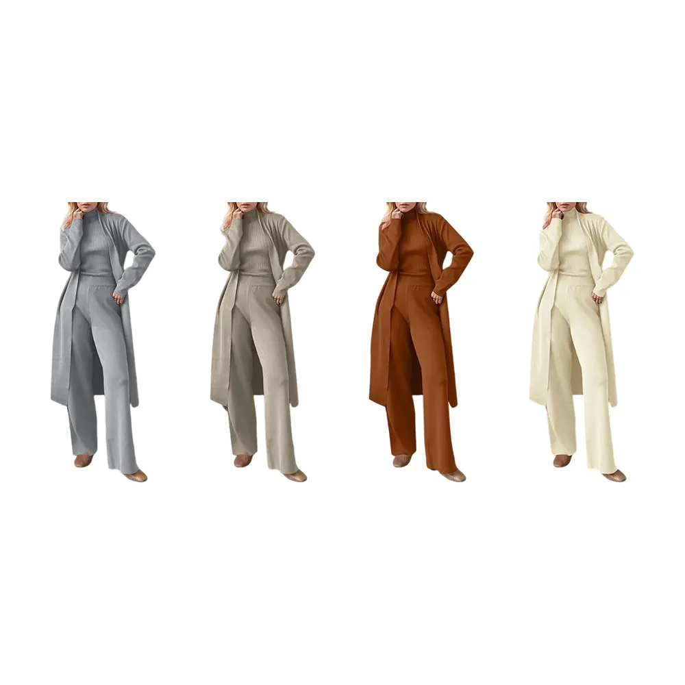 Three-Piece Set - Knit Turtleneck Tank & Wide Leg Pants With Long Cardigan