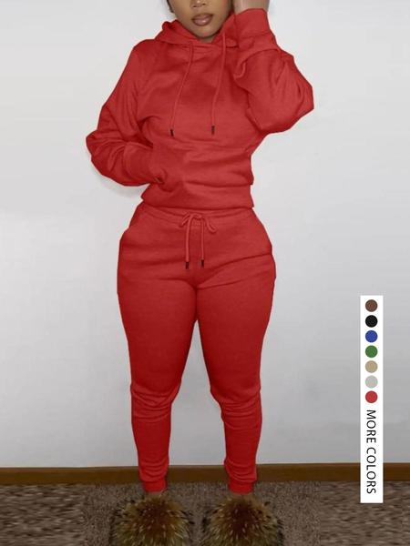 Casual Plain Drawstring Sweatshirt Outfit Set, Fitted Regular Length, Moderate Fabric, Fall & Winter Wear, Women's Clothing