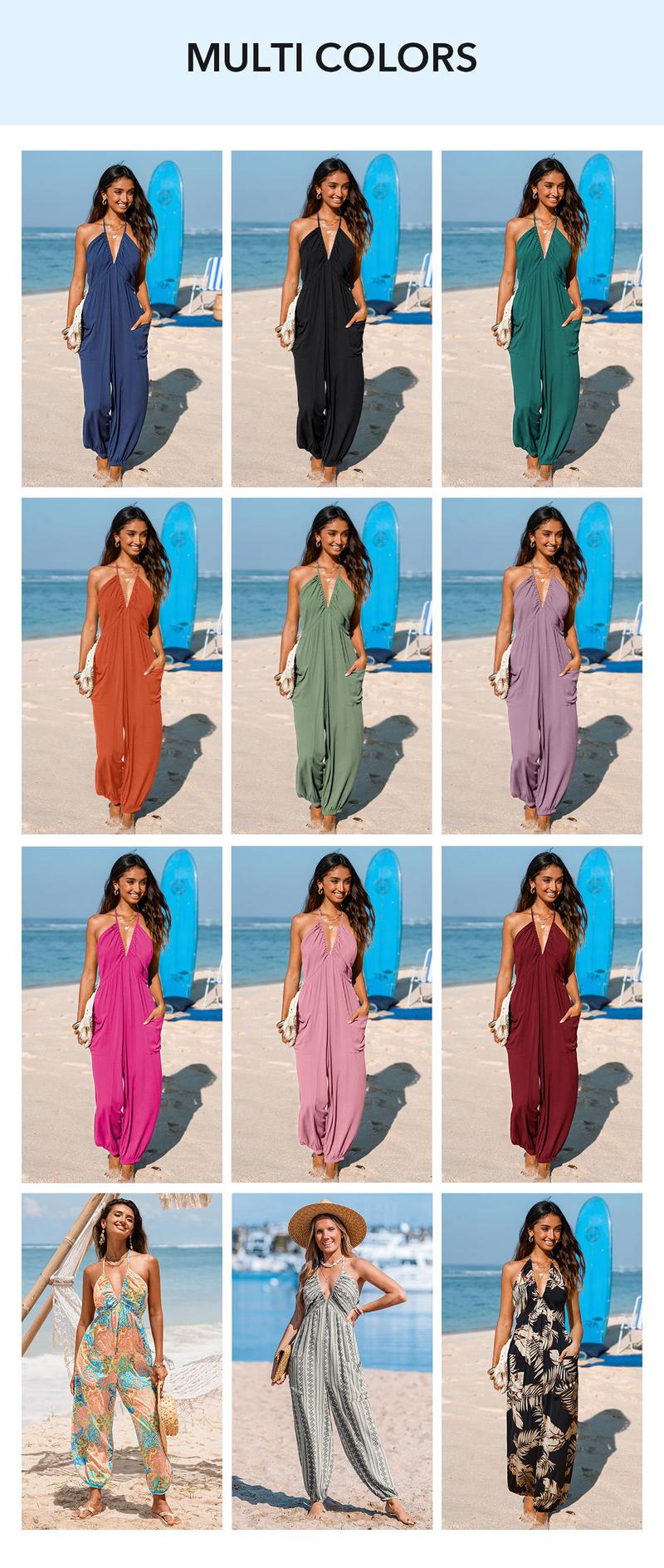 CUPSHE 【Valentine's Day】 Plunge Halter Wide Leg Jumpsuit with Pockets - Adjustable Strap Flowy Tropical Print Overall | 2026 Effortless Beach to Street Resortwear