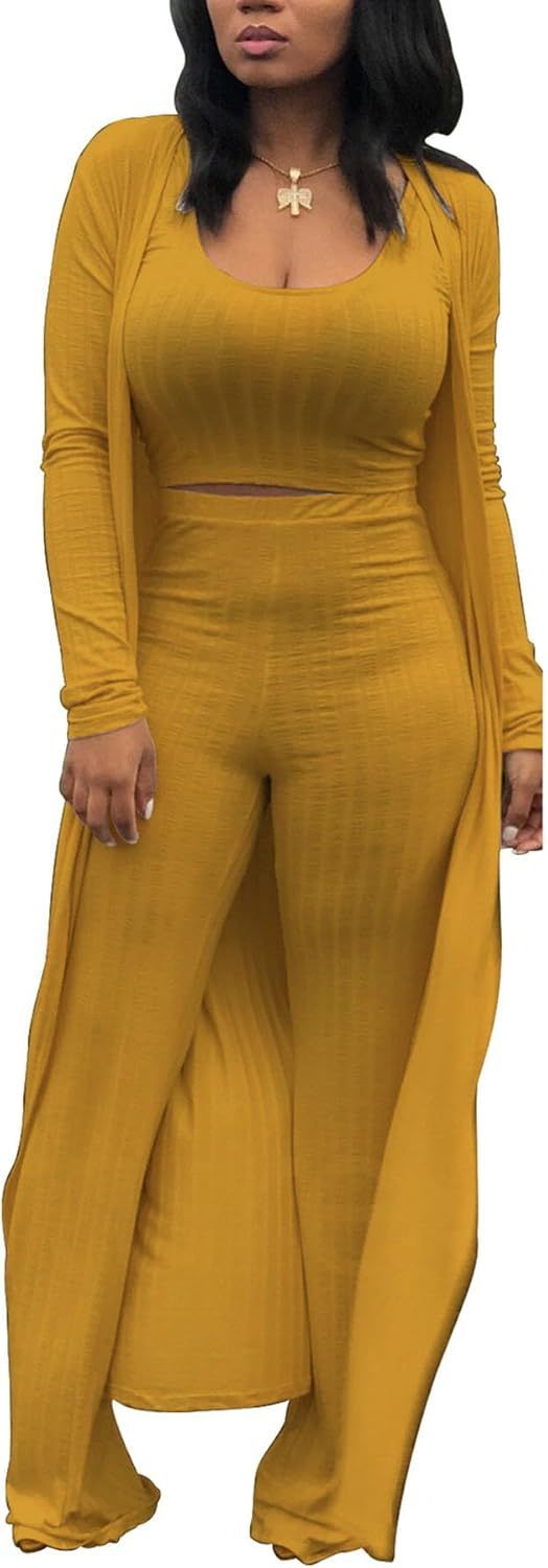 LKOUS 3 Piece Suit for Women's Solid Long Sleeve Open Front Long Coat and Crop Tank Top with Leggings Loungewear
