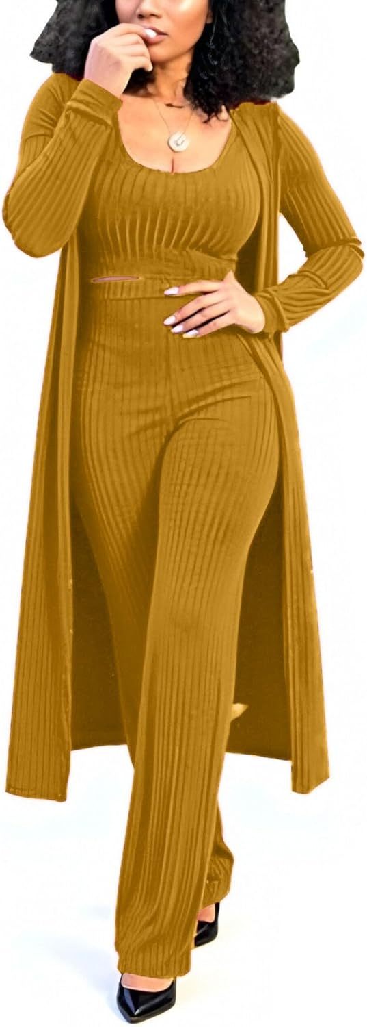 LKOUS 3 Piece Suit for Women's Solid Long Sleeve Open Front Long Coat and Crop Tank Top with Leggings Loungewear