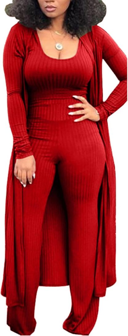 LKOUS 3 Piece Suit for Women's Solid Long Sleeve Open Front Long Coat and Crop Tank Top with Leggings Loungewear