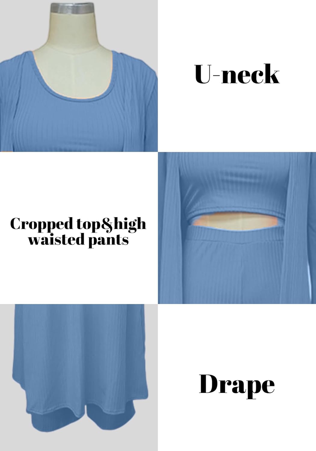 LKOUS 3 Piece Suit for Women's Solid Long Sleeve Open Front Long Coat and Crop Tank Top with Leggings Loungewear