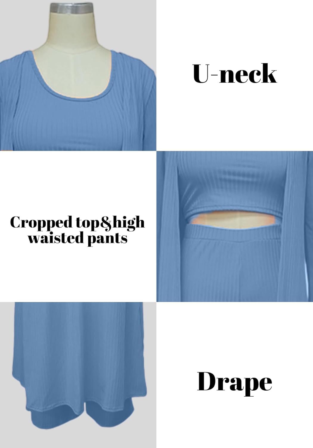 LKOUS 3 Piece Suit for Women's Solid Long Sleeve Open Front Long Coat and Crop Tank Top with Leggings Loungewear