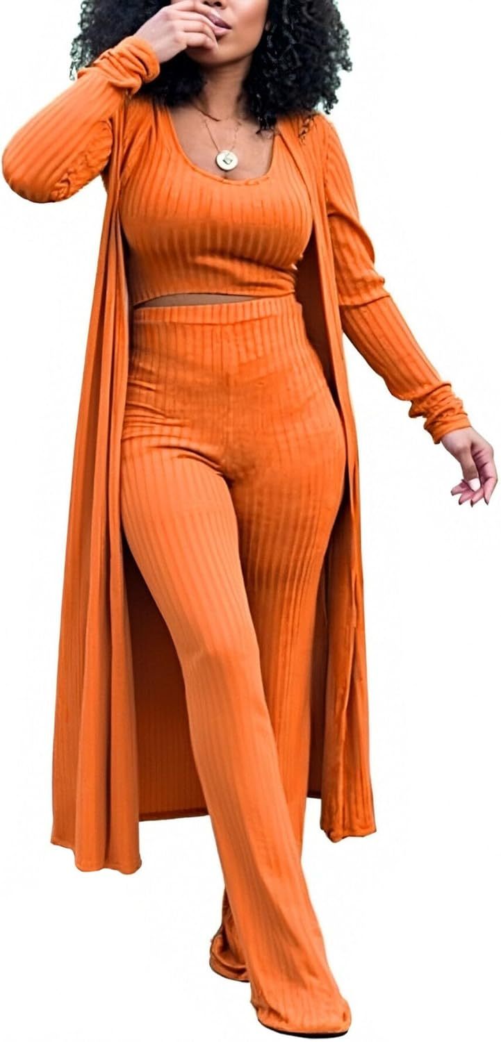 LKOUS 3 Piece Suit for Women's Solid Long Sleeve Open Front Long Coat and Crop Tank Top with Leggings Loungewear