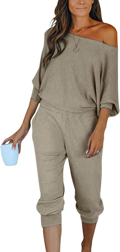 Women's Long Sleeve Off Shoulder Sweatshirts And Long Sweatpants Set