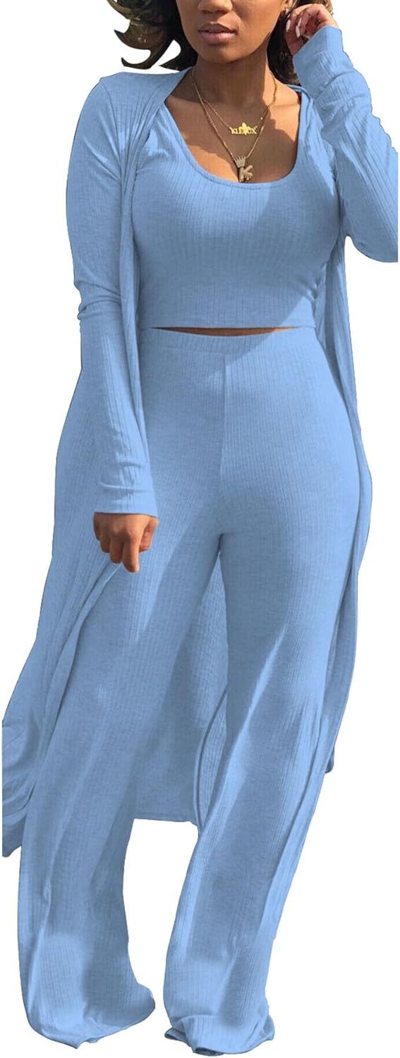 LKOUS 3 Piece Suit for Women's Solid Long Sleeve Open Front Long Coat and Crop Tank Top with Leggings Loungewear