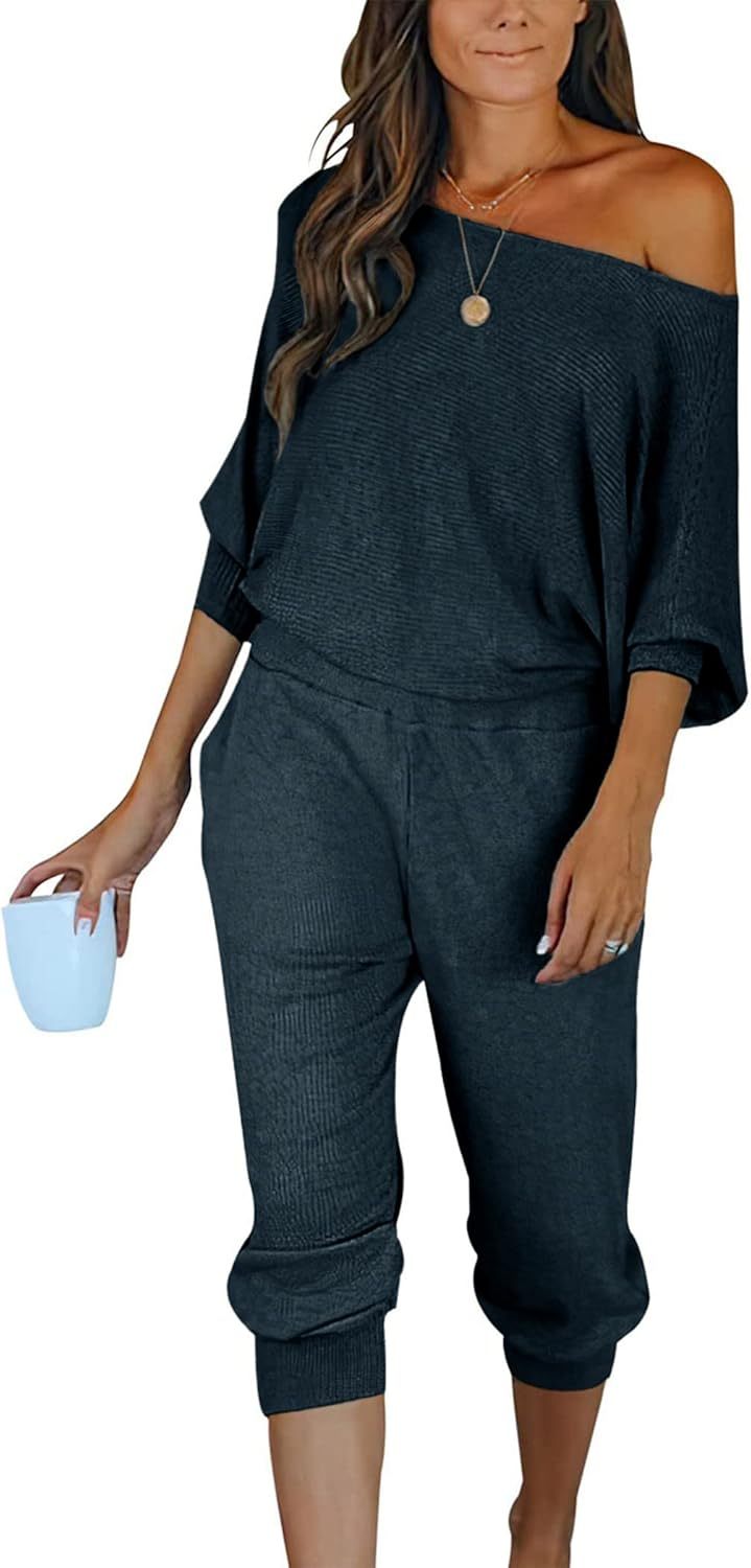 Women's Long Sleeve Off Shoulder Sweatshirts And Long Sweatpants Set