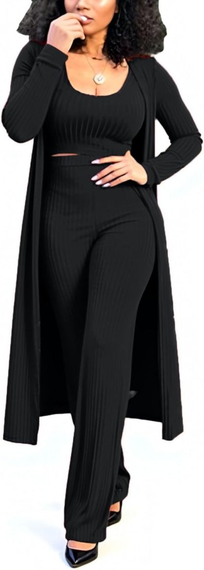 LKOUS 3 Piece Suit for Women's Solid Long Sleeve Open Front Long Coat and Crop Tank Top with Leggings Loungewear
