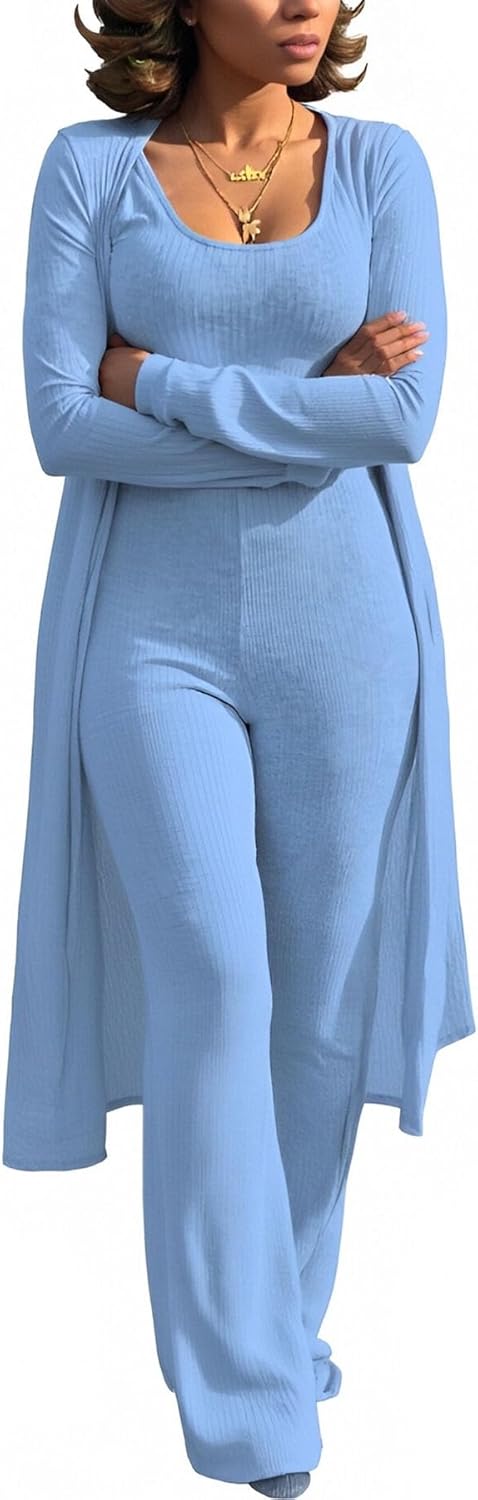 LKOUS 3 Piece Suit for Women's Solid Long Sleeve Open Front Long Coat and Crop Tank Top with Leggings Loungewear