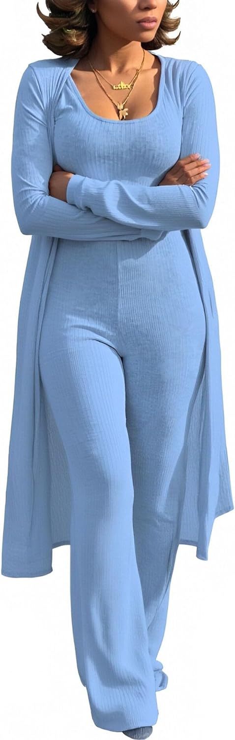 LKOUS 3 Piece Suit for Women's Solid Long Sleeve Open Front Long Coat and Crop Tank Top with Leggings Loungewear