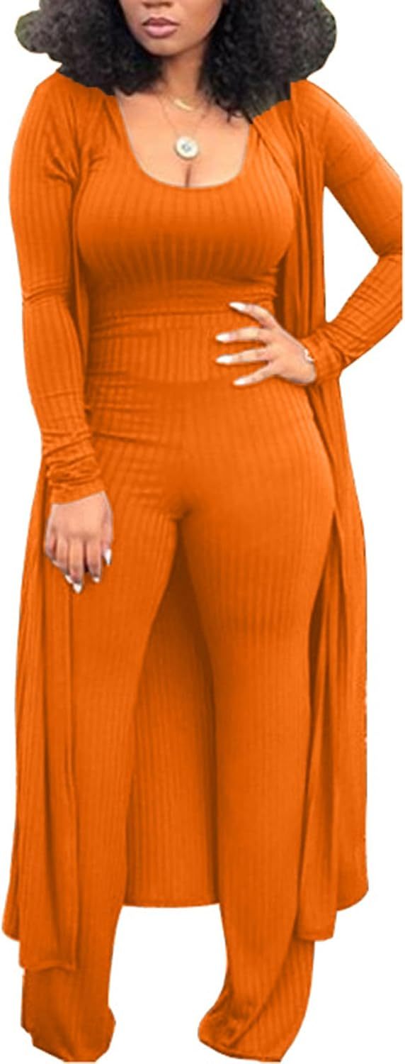 LKOUS 3 Piece Suit for Women's Solid Long Sleeve Open Front Long Coat and Crop Tank Top with Leggings Loungewear