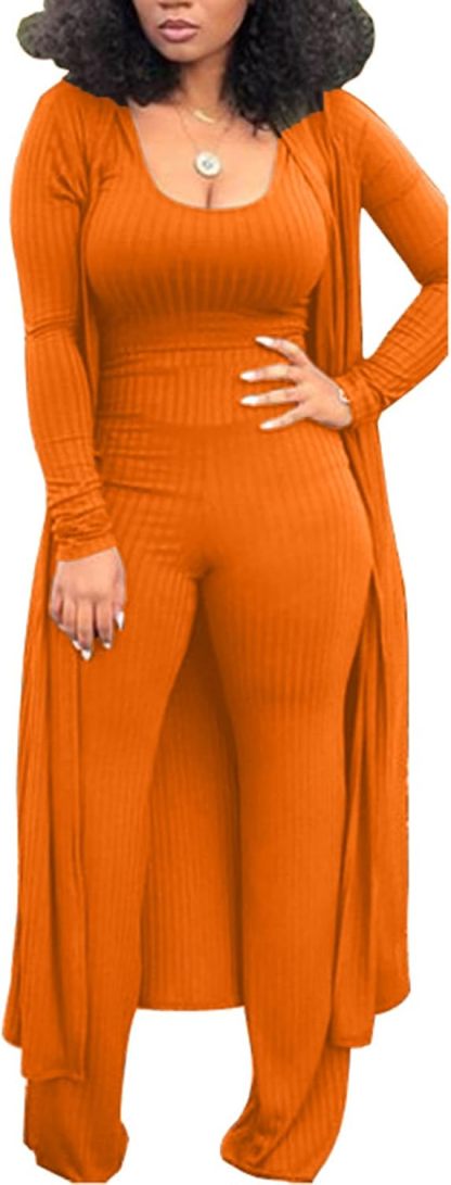 LKOUS 3 Piece Suit for Women's Solid Long Sleeve Open Front Long Coat and Crop Tank Top with Leggings Loungewear
