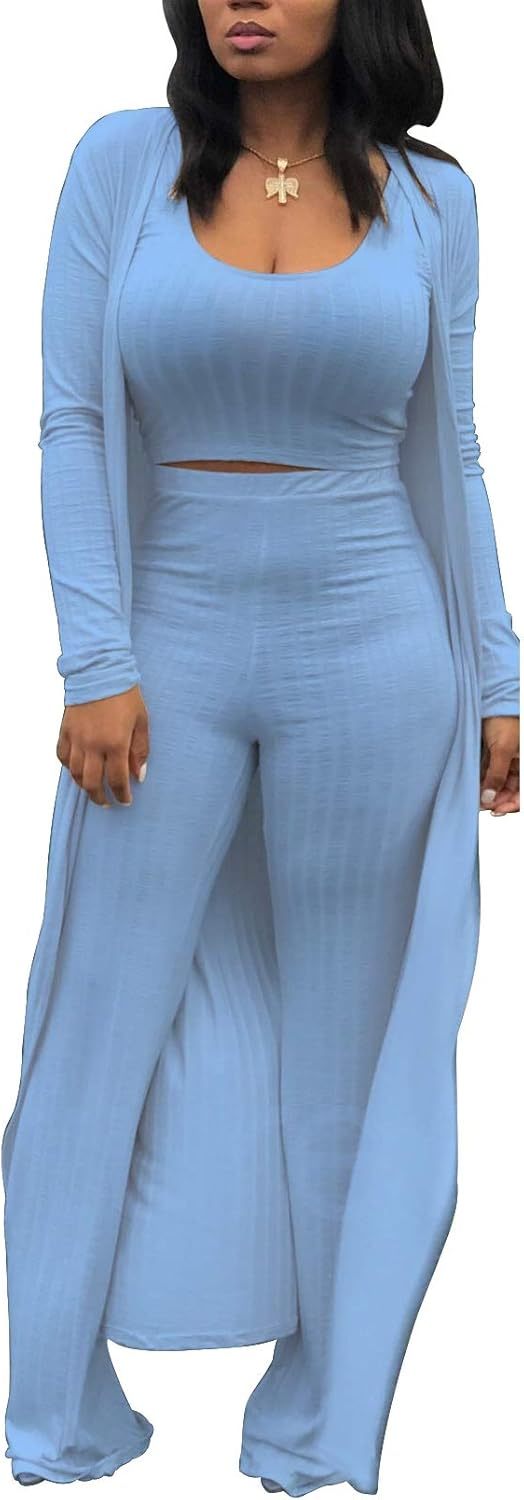 LKOUS 3 Piece Suit for Women's Solid Long Sleeve Open Front Long Coat and Crop Tank Top with Leggings Loungewear
