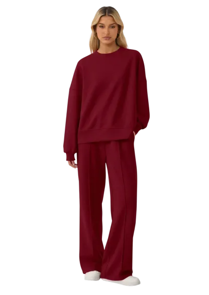 Women's Cozy Round Neck Top & Wide Leg Trousers Two Piece Outfits
