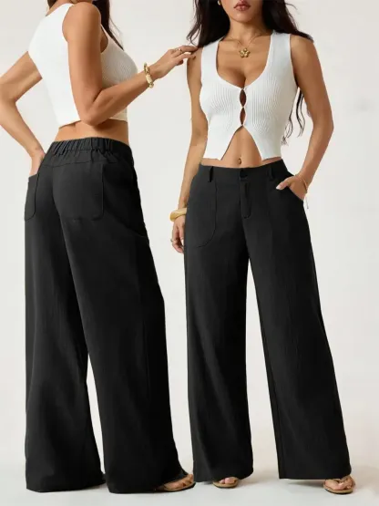 High Waist Wide Leg Beach Trousers With Pocket