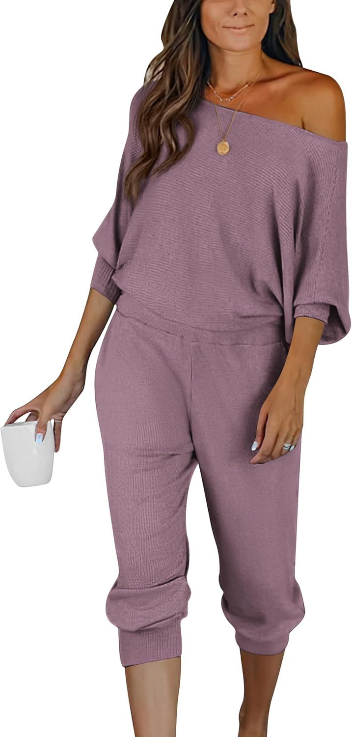 Women's Long Sleeve Off Shoulder Sweatshirts And Long Sweatpants Set