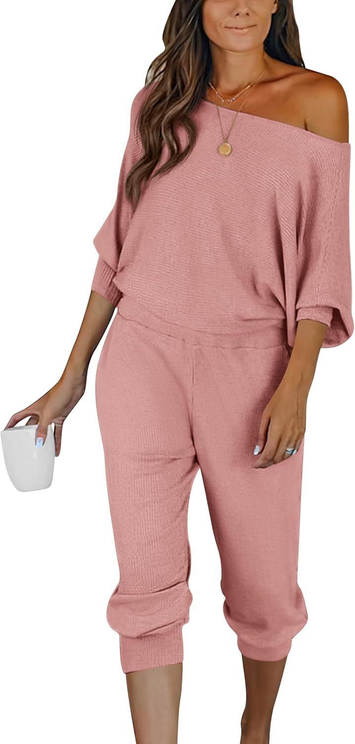 Women's Long Sleeve Off Shoulder Sweatshirts And Long Sweatpants Set