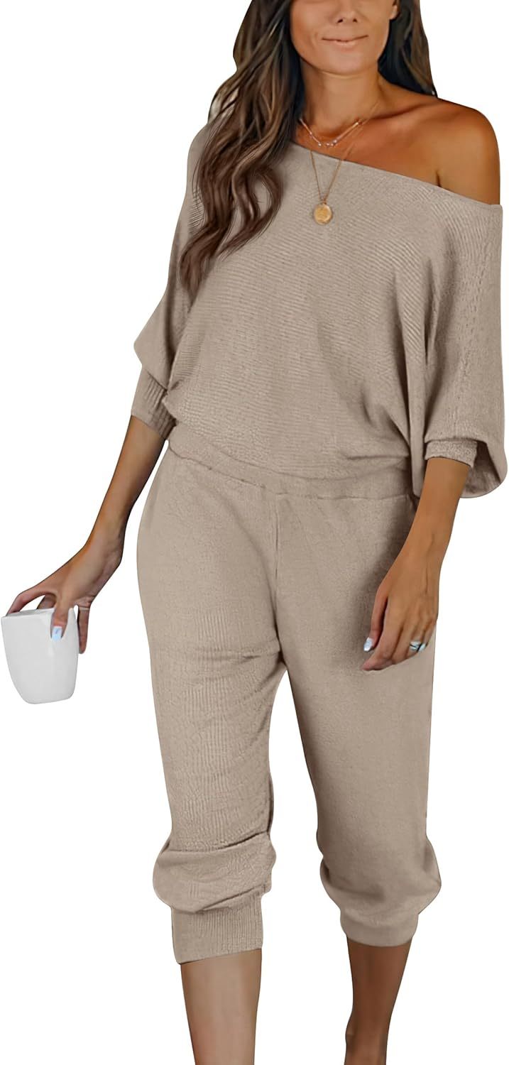 Women's Long Sleeve Off Shoulder Sweatshirts And Long Sweatpants Set