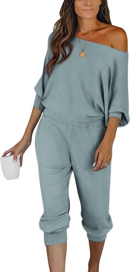 Women's Long Sleeve Off Shoulder Sweatshirts And Long Sweatpants Set