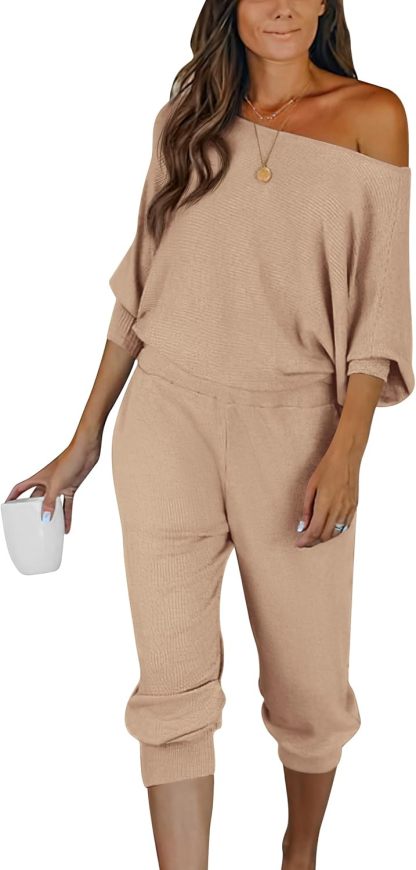 Women's Long Sleeve Off Shoulder Sweatshirts And Long Sweatpants Set