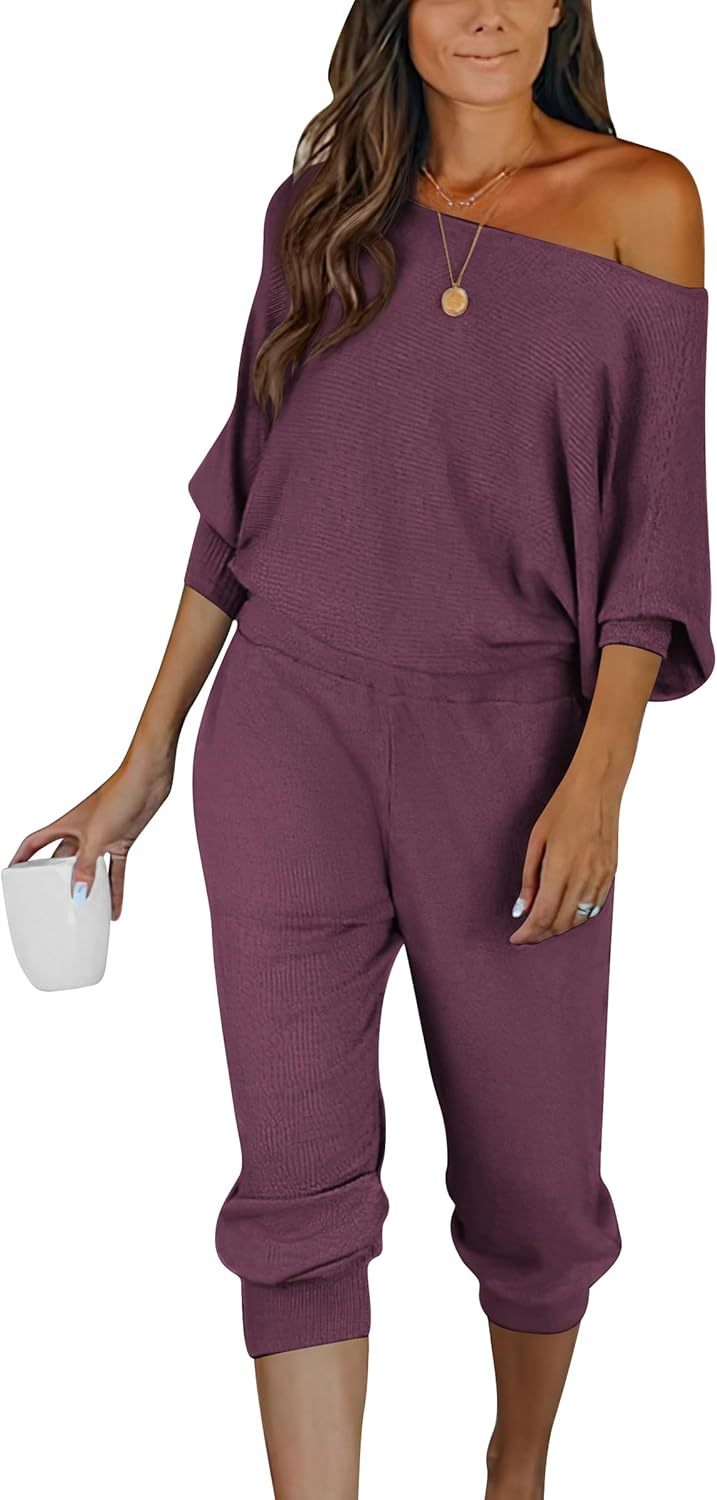 Women's Long Sleeve Off Shoulder Sweatshirts And Long Sweatpants Set