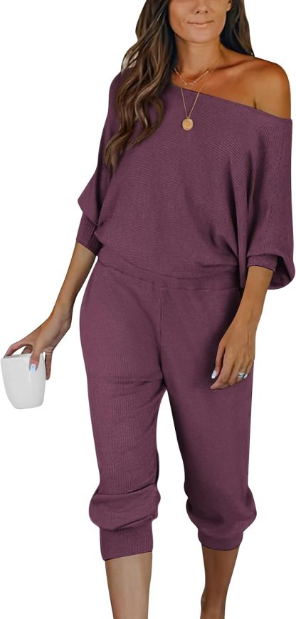 Women's Long Sleeve Off Shoulder Sweatshirts And Long Sweatpants Set
