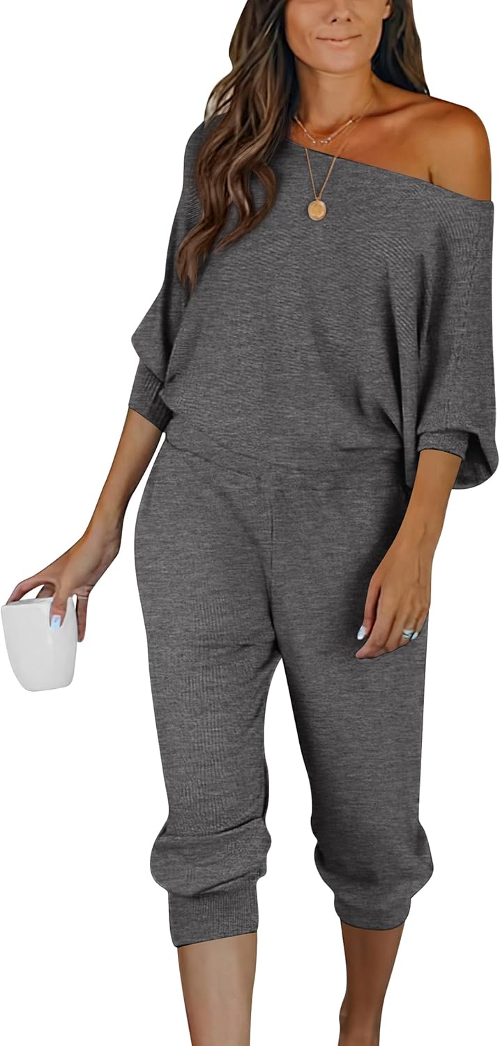 Women's Long Sleeve Off Shoulder Sweatshirts And Long Sweatpants Set