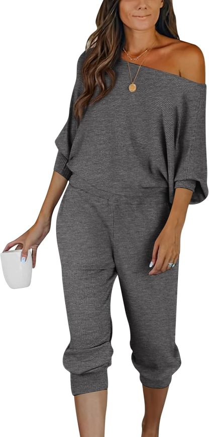 Women's Long Sleeve Off Shoulder Sweatshirts And Long Sweatpants Set