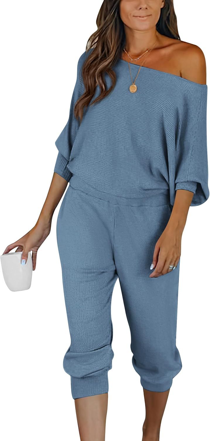 Women's Long Sleeve Off Shoulder Sweatshirts And Long Sweatpants Set