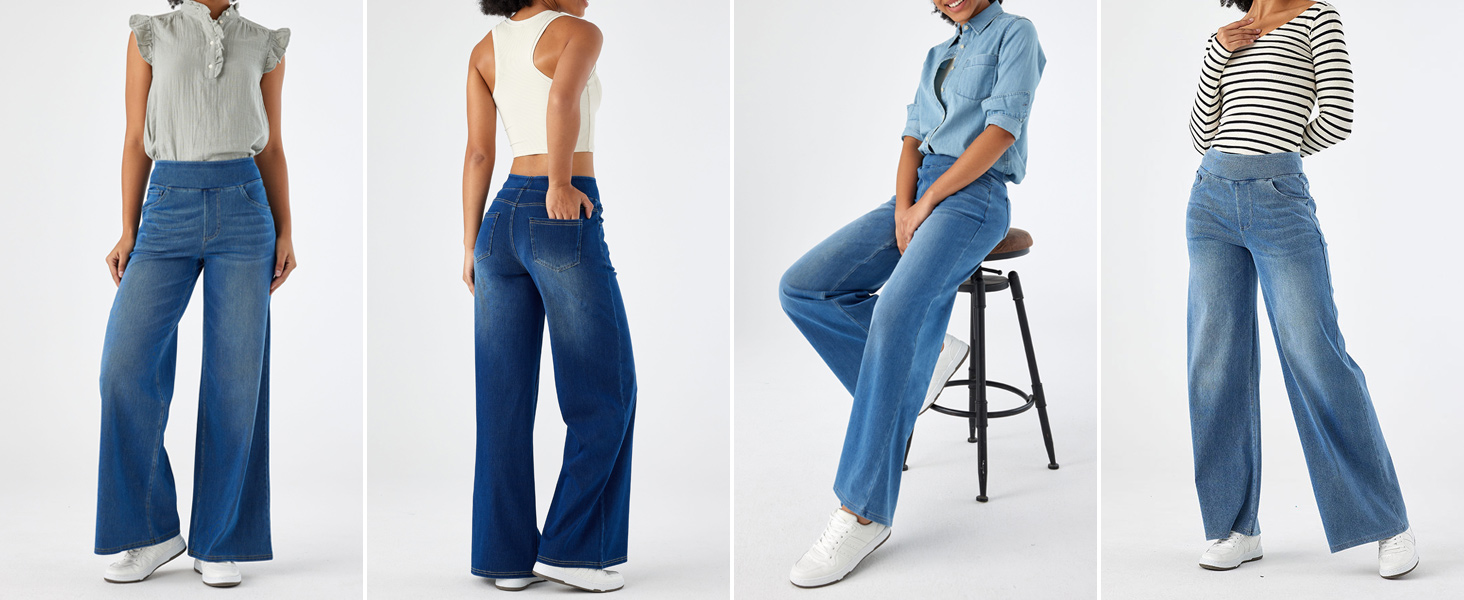Wide-leg blue jeans shown from four angles: front, side, seated, and back views. High-waisted design with a flared silhouette from hip to ankle.