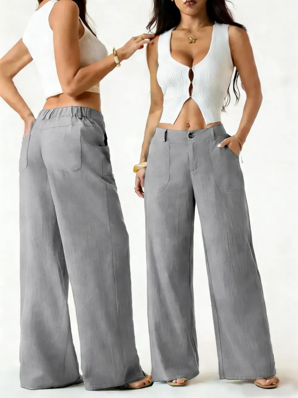 High Waist Wide Leg Beach Trousers With Pocket