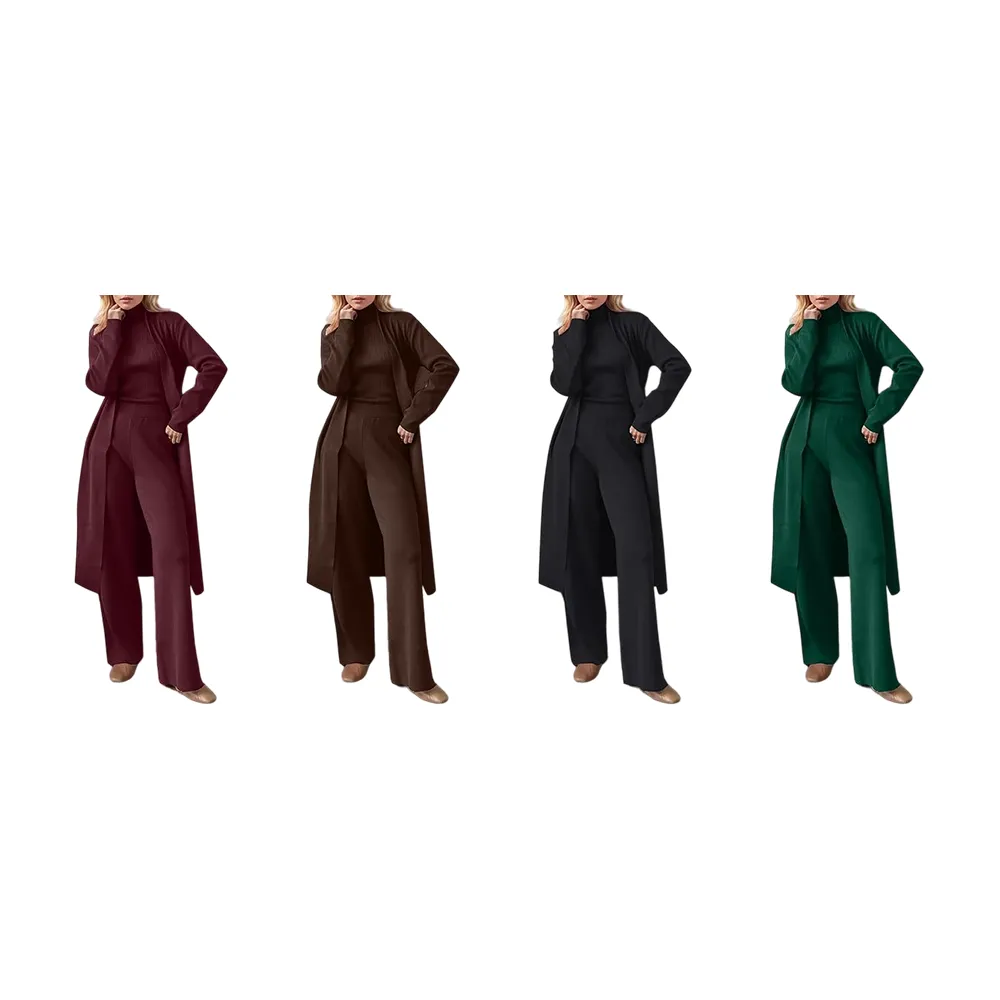 Three-Piece Set - Knit Turtleneck Tank & Wide Leg Pants With Long Cardigan