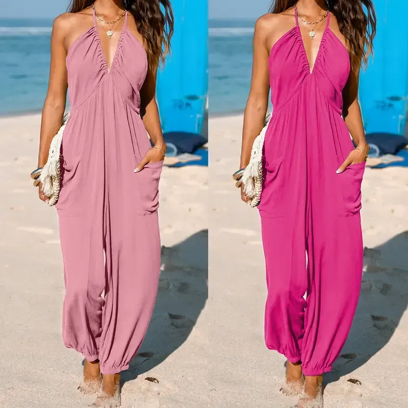 Plunge Halter Wide Leg Jumpsuit with Pockets