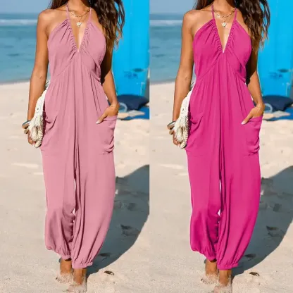 Plunge Halter Wide Leg Jumpsuit with Pockets
