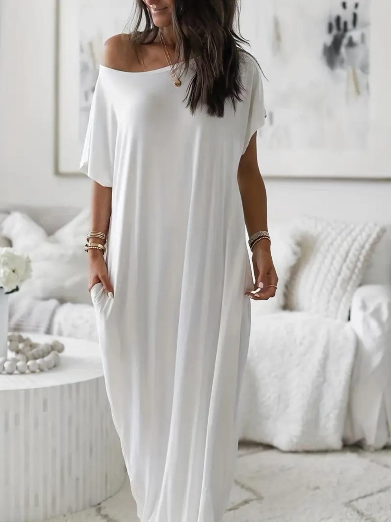 Women's Solid Color Batwing Sleeve Lounge Dress, Casual Comfy Short Sleeve Nightdress for Daily Wear, Ladies Sleepwear for All Seasons Women's Solid Color Batwing Sleeve Lounge Dress, Casual Comfy Short Sleeve Nightdress for Daily Wear, Ladies Sleepwear for All Seasons