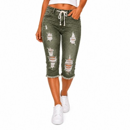 Fashion Distressed Ripped Capri Jeans Plus Size Casual High-Waisted Drawstring Waist Denim Cropped Pants