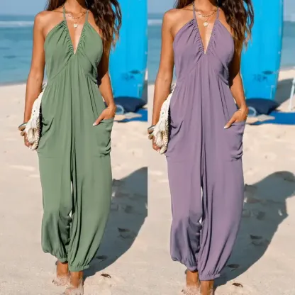 Plunge Halter Wide Leg Jumpsuit with Pockets