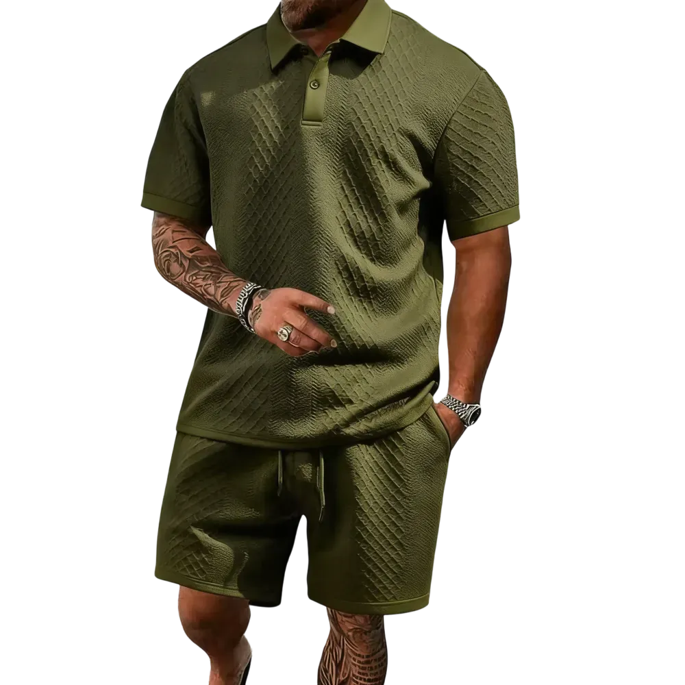 Men's summer casual texture fabric solid color polo shirt T-shirt shorts 2-piece set
