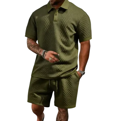 Men's summer casual texture fabric solid color polo shirt T-shirt shorts 2-piece set