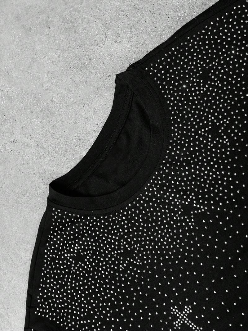 Unisex Rhinestone Cross Pattern T-Shirt, Street Style Glam Top, Sparkling Fashion Design, Perfect for Daily Wear & Night Out