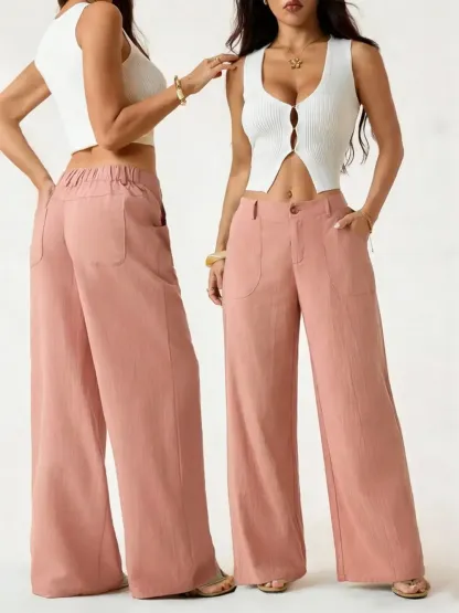 High Waist Wide Leg Beach Trousers With Pocket