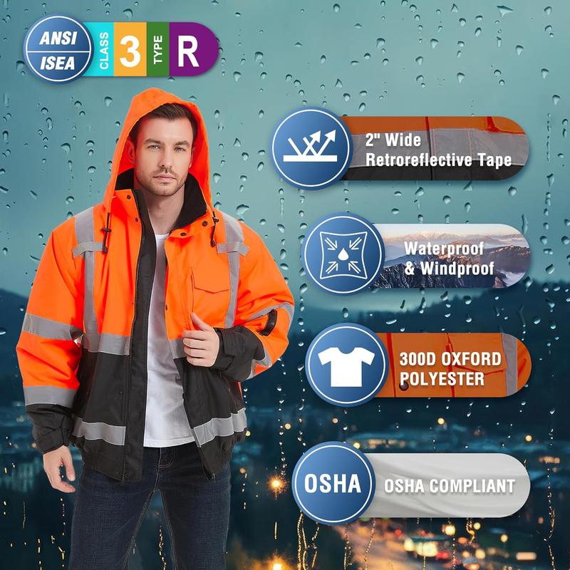 ProtectX Hi Vis Safety Jacket, High Visibility Waterproof Reflective Winter Construction Bomber Jacket for Men With Multi Pockets Menswear Clothing Workwear ProtectX Hi Vis Safety Jacket, High Visibility Waterproof Reflective Winter Construction Bomber Jacket for Men With Multi Pockets Menswear Clothing Workwear