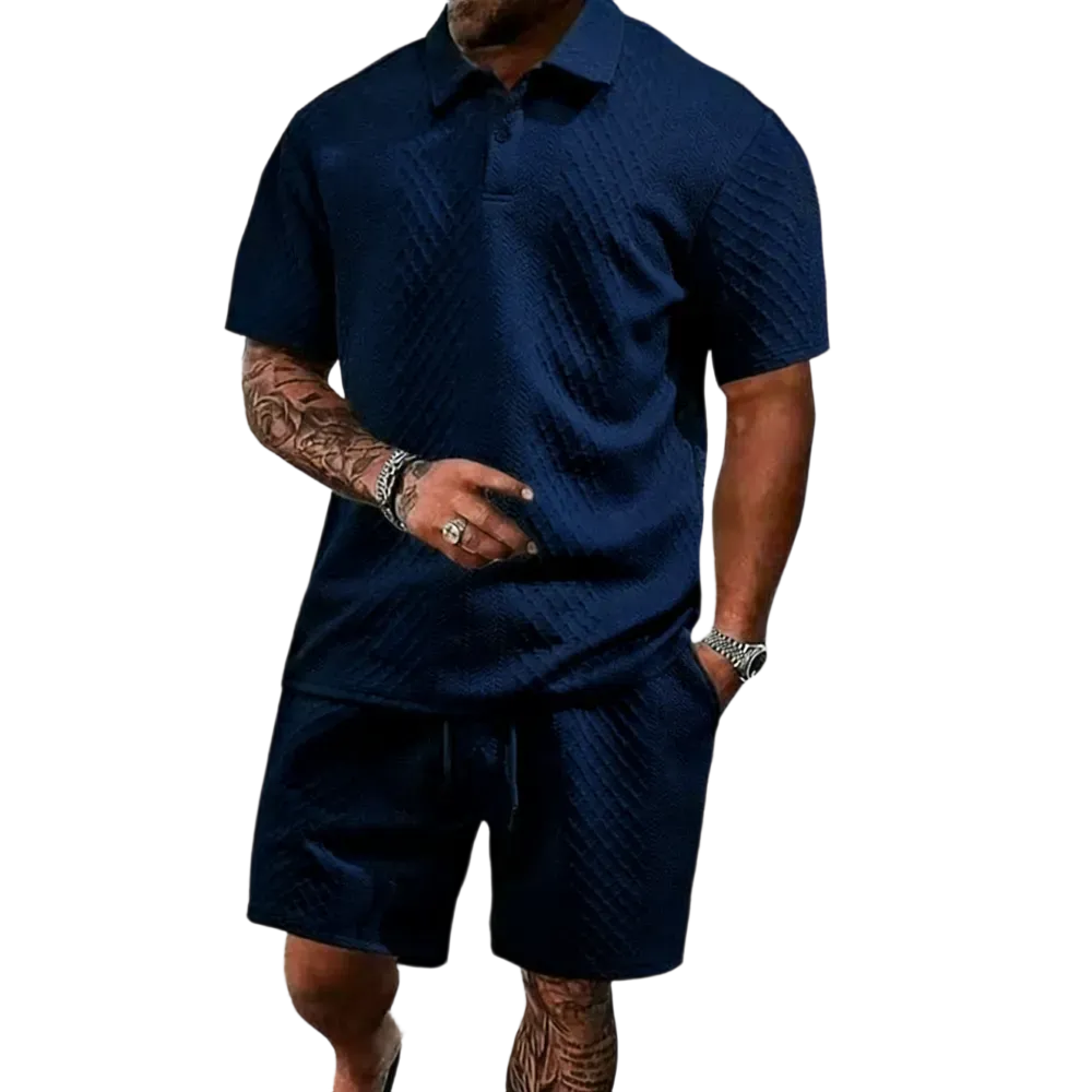 Men's summer casual texture fabric solid color polo shirt T-shirt shorts 2-piece set